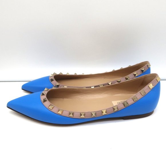 VALENTINO ROCKSTUD BALLET FLATS BLUE & POUDRE LEATHER SIZE 40 POINTED TOE - Picture 6 of 12